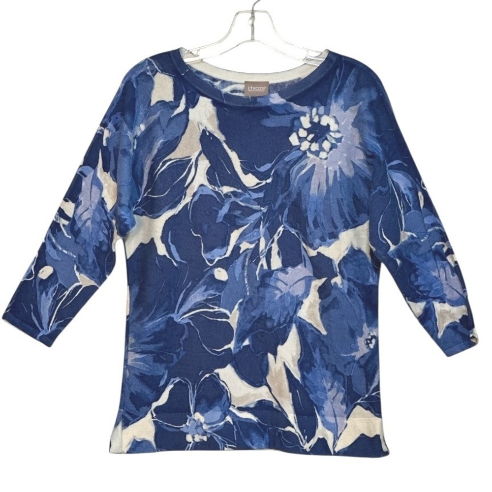 Chicos Women Sweater 3/4 Sleeve Floral Print‎ Knit Blue White Resortwear 0 US 4